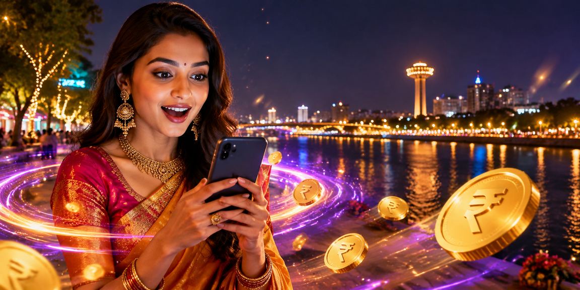 Silent Ahmedabad riverfront with glowing neon city lights