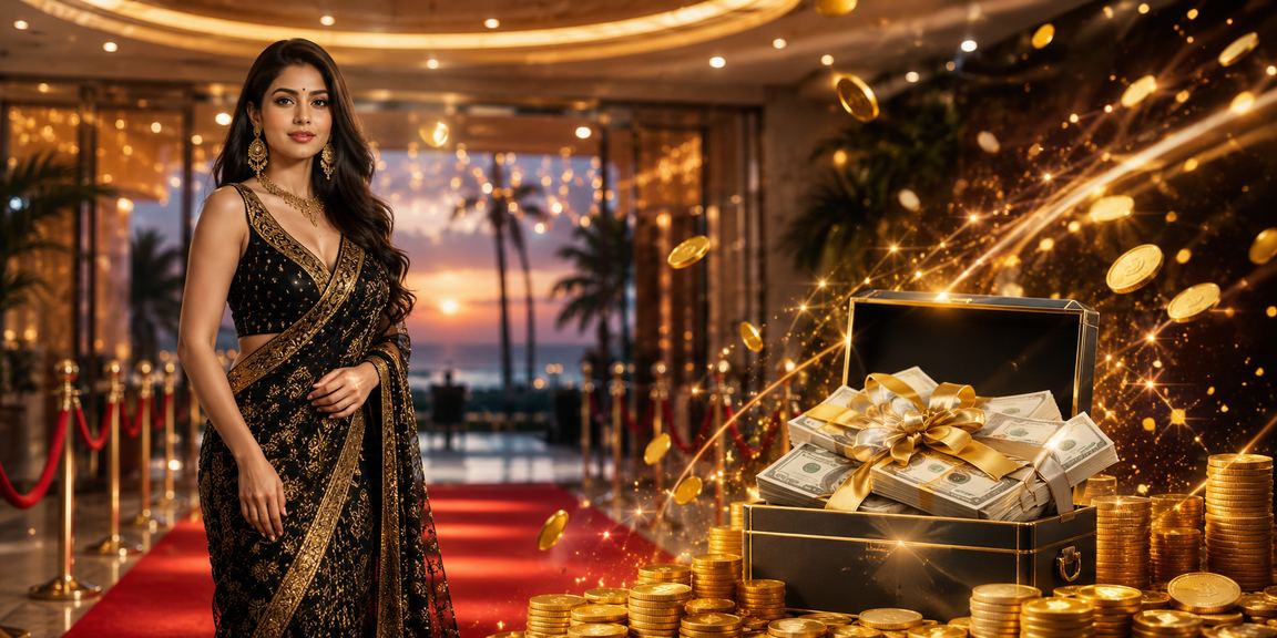 Vibrant slot machine jackpot celebration with shining rupee coins